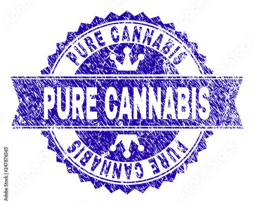 PURE CANNABIS rosette stamp imitation with grunge style. Designed with round rosette, ribbon and small crowns. Blue vector rubber watermark of PURE CANNABIS title with grunge style.