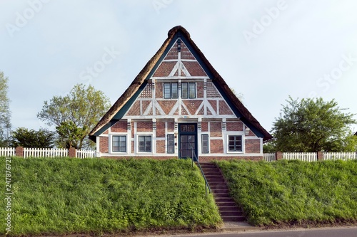 Altlander farmhouse, half-timbered house with thatched roof, Mittelkirchen, Luhe, Altes Land, Lower Saxony, Germany, Europe photo