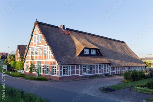 Altlander farmhouse from 1712, half-timbered house with thatched roof, Estebrugge, Jork, Altes Land, Lower Saxony, Germany, Europe photo