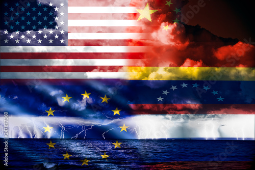 Ongoing conflict in venezuela,conceptuall image with a sea thunderstorm and the flag of venezuela,russia and china opposed to that of europe and usa, two different sides of the conflict.