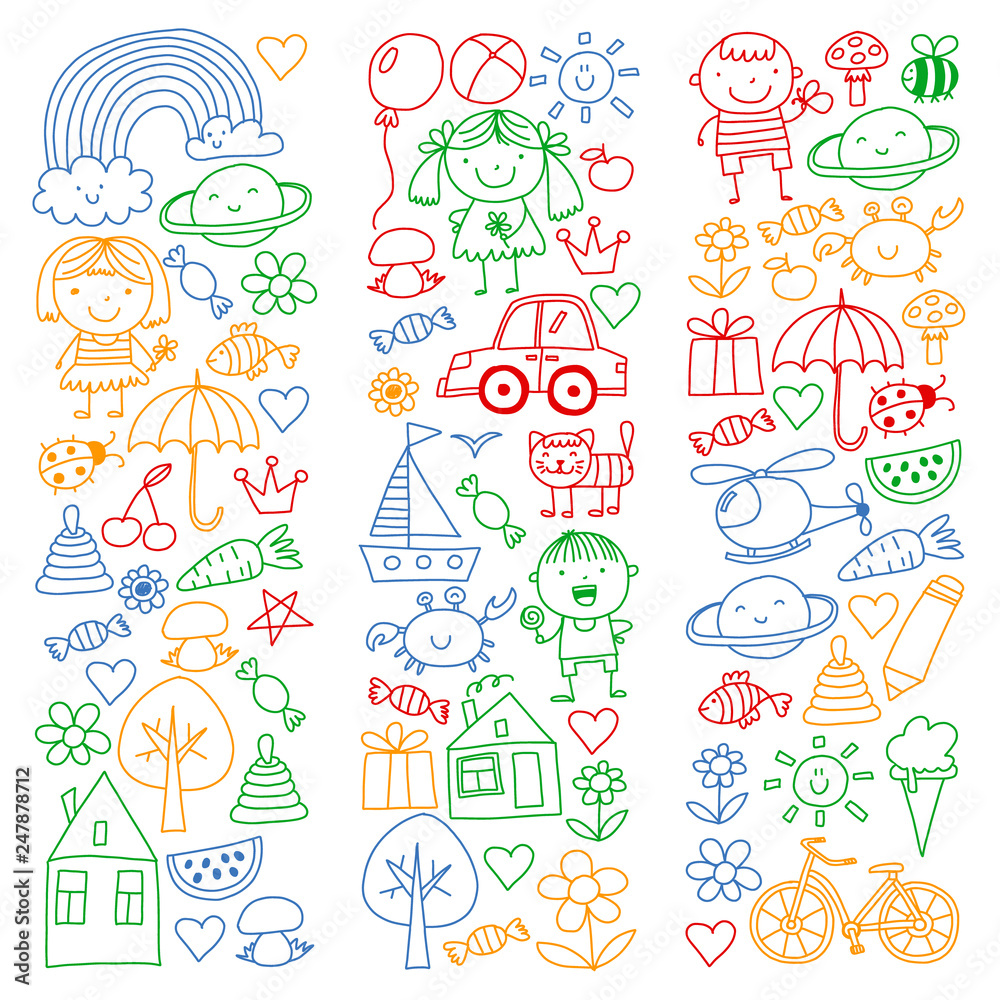 Kindergarten pattern with cute children and toys. Kids drawing style illustration