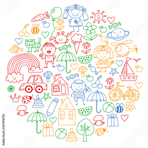 Kindergarten pattern with cute children and toys. Kids drawing style illustration