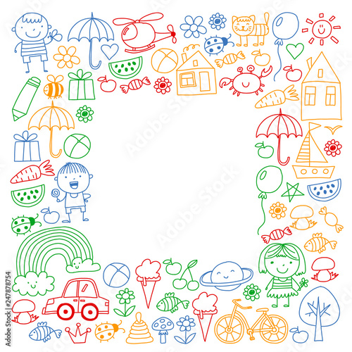 Kindergarten pattern with cute children and toys. Kids drawing style illustration