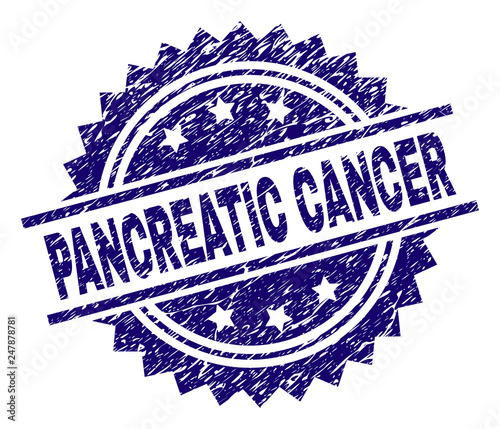 PANCREATIC CANCER stamp seal watermark with distress style. Blue vector rubber print of PANCREATIC CANCER label with unclean texture.