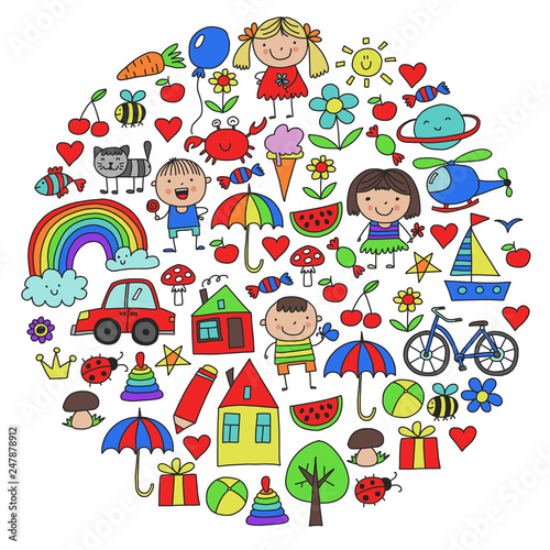 Kindergarten pattern with cute children and toys. Kids drawing style illustration