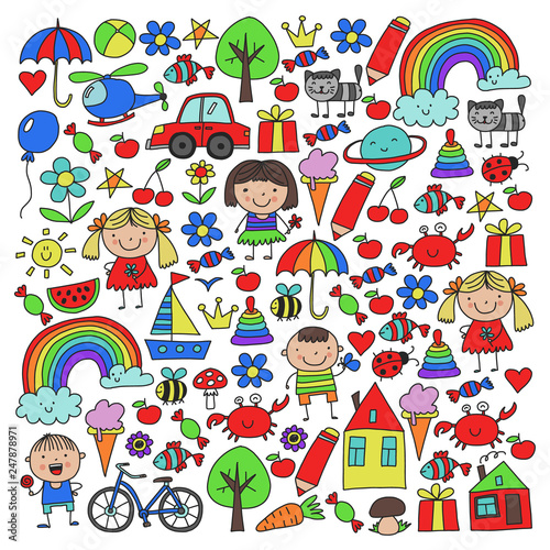 Kindergarten pattern with cute children and toys. Kids drawing style illustration