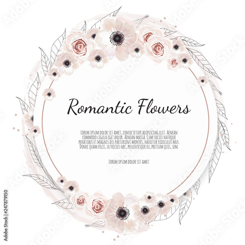 Vector floral botanical card design with leaves with geometrical frame.