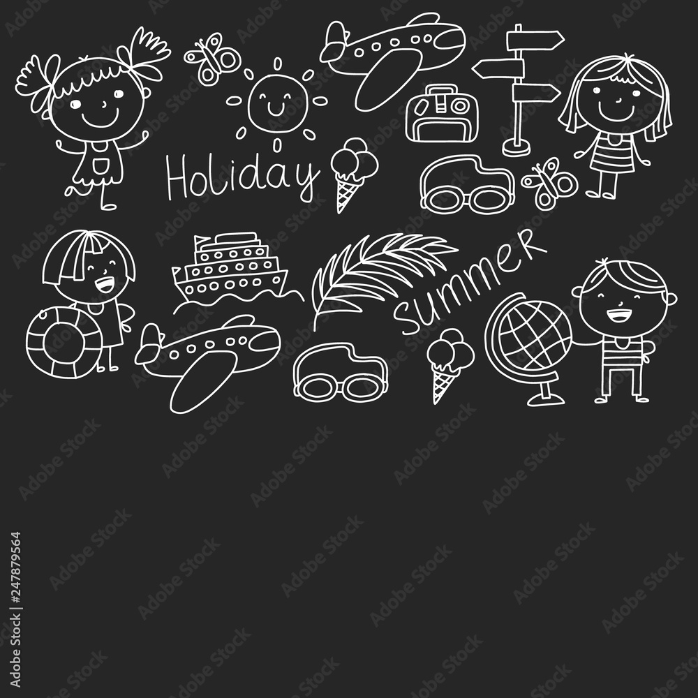 Vector pattern with children icons. Summer vacation at seashore, sea, ocean, beach. Small kids having fun.