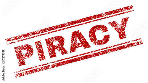 PIRACY seal print with distress texture. Red vector rubber print of PIRACY label with unclean texture. Text label is placed between double parallel lines.