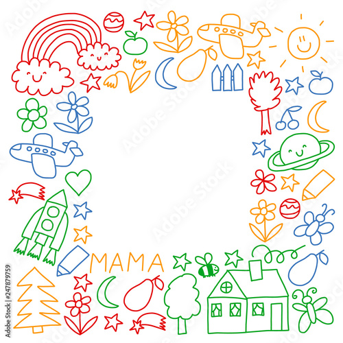 Children drawing. Colorful vector pattern with toys, space, planet