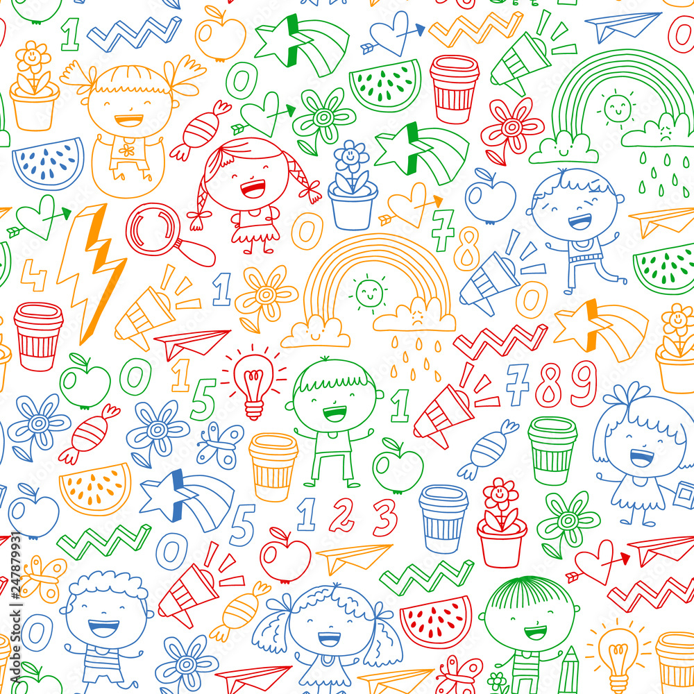 Vector pattern with kindergarten, school children. Happy children illustration. Vector pattern with kindergarten, school children. Happy children illustration.