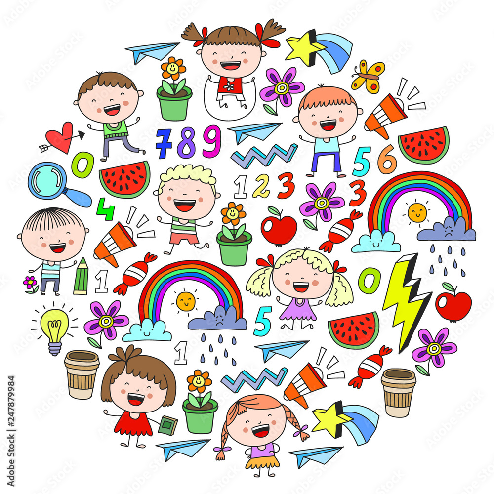 Vector pattern with kindergarten, school children. Happy children illustration. Vector pattern with kindergarten, school children. Happy children illustration.