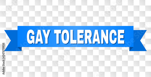 GAY TOLERANCE text on a ribbon. Designed with white title and blue stripe. Vector banner with GAY TOLERANCE tag on a transparent background.