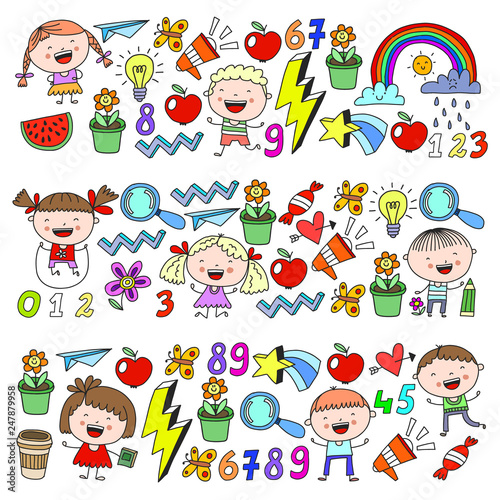 Vector pattern with kindergarten  school children. Happy children illustration.