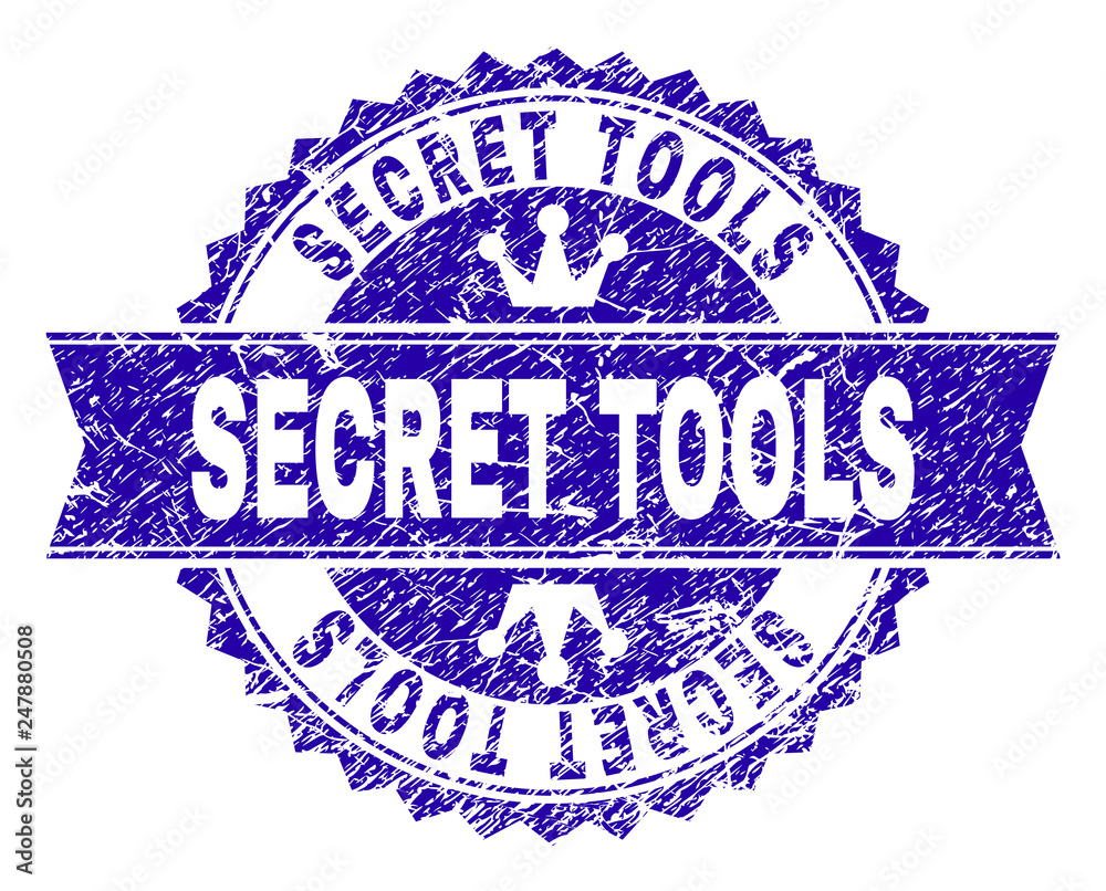 SECRET TOOLS rosette stamp seal watermark with distress style. Designed with round rosette, ribbon and small crowns. Blue vector rubber watermark of SECRET TOOLS title with dirty style. SECRET TOOLS rosette stamp seal watermark with distress style. Designed with round rosette, ribbon and small crowns. Blue vector rubber watermark of SECRET TOOLS title with dirty style.