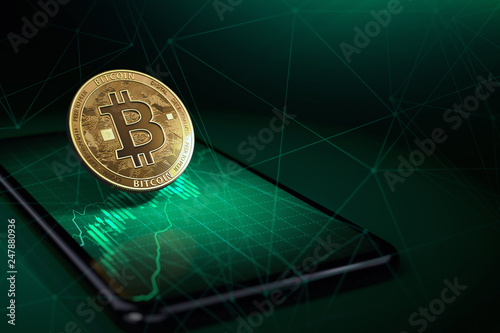 Golden bitcoin levitating over a smartphone with green growth diagram on it. Bitcoin price rises concept. 3D rendering