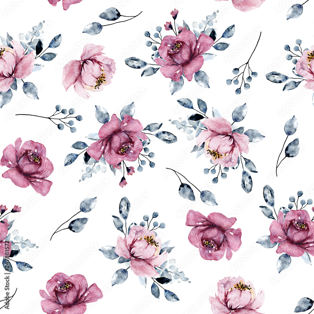 Seamless pattern with watercolor pink flowers, botanical hand painting, isolated on white background. 