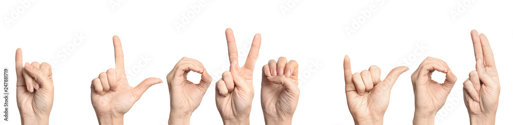 Woman showing phrase I LOVE YOU on white background. Sign language Woman showing phrase I LOVE YOU on white background. Sign language