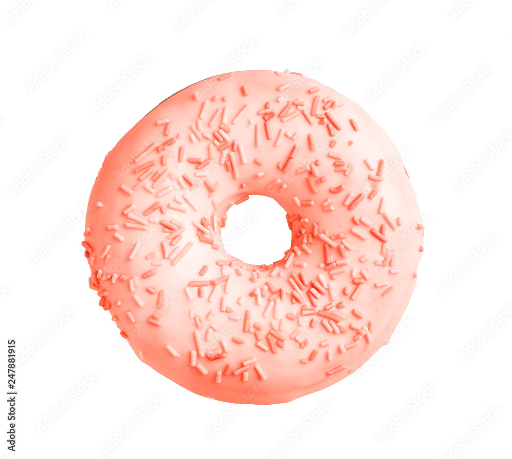 Delicious glazed doughnut with sprinkles on white background Delicious glazed doughnut with sprinkles on white background