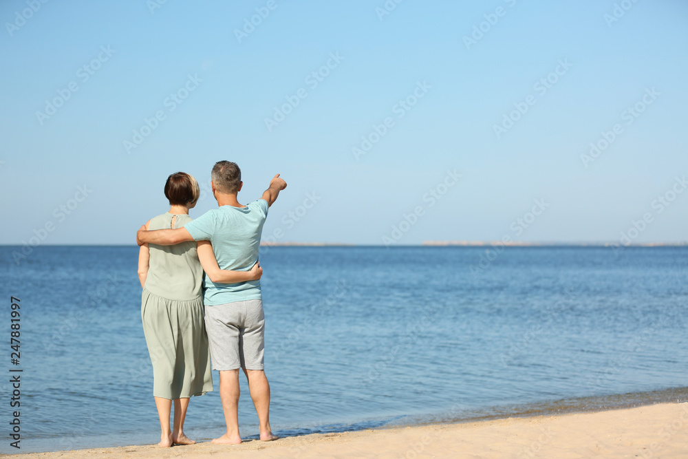 Happy mature couple at beach on sunny day