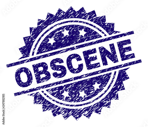 OBSCENE stamp seal watermark with distress style. Blue vector rubber print of OBSCENE title with dust texture.