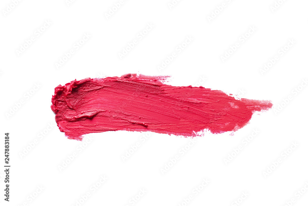 Red lipstick smear on white background, top view Red lipstick smear on white background, top view