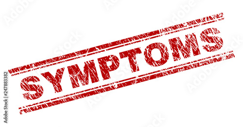 SYMPTOMS seal print with grunge style. Red vector rubber print of SYMPTOMS text with unclean texture. Text label is placed between double parallel lines.