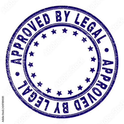 APPROVED BY LEGAL stamp seal watermark with grunge effect. Designed with circles and stars. Blue vector rubber print of APPROVED BY LEGAL tag with grunge texture.