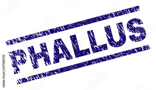 PHALLUS seal watermark with scratced style. Blue vector rubber print of PHALLUS text with unclean texture. Text title is placed between parallel lines.