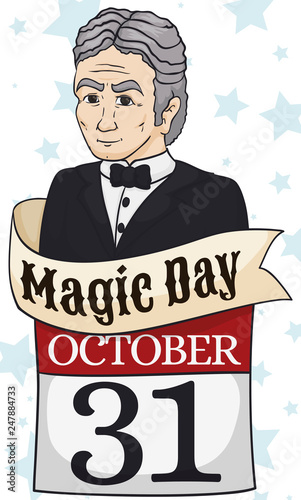 Calendar, Ribbon and Houdini's Portrait to Commemorate Magic Day, Vector Illustration