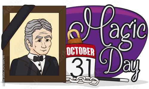 Design Honoring Harry Houdini's Death during Magic Day, Vector Illustration