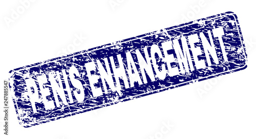 PENIS ENHANCEMENT stamp seal print with distress texture. Seal shape is a rounded rectangle with frame. Blue vector rubber print of PENIS ENHANCEMENT title with unclean texture.