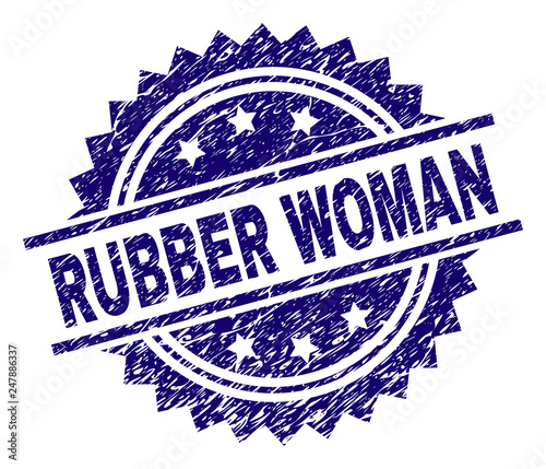 RUBBER WOMAN stamp seal watermark with distress style. Blue vector rubber print of RUBBER WOMAN text with dirty texture.