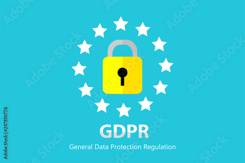 General Data Protection Regulation (GDPR) Concept with padlock and stars around on global map background  - 25 May 2018. Creative flat design in EPS10 vector illustration.