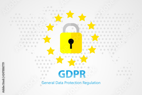 General Data Protection Regulation (GDPR) Concept with padlock and stars around on global map background  - 25 May 2018. Creative flat design in EPS10 vector illustration.