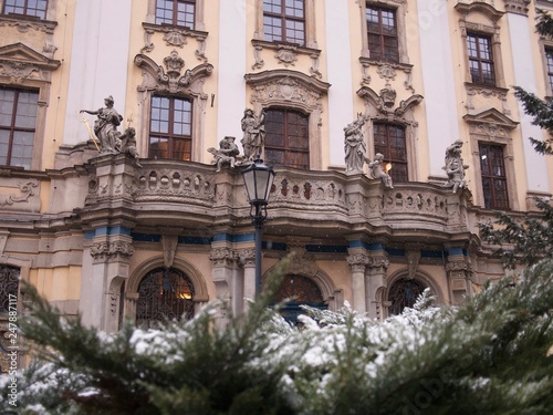 Detail of Baroque Architecture on a Snowy Day in Wroclaw, Poland