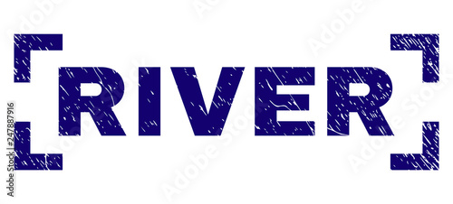 RIVER label seal imprint with corroded texture. Text label is placed between corners. Blue vector rubber print of RIVER with retro texture.