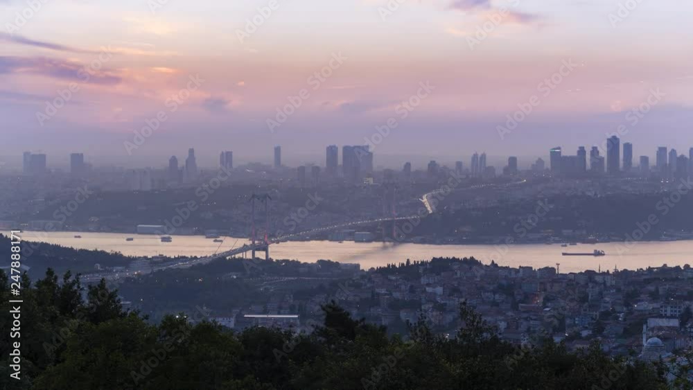 Istanbul, Turkey cityscape time lapse from day to night with the view of the Bosporus Bridge and skyscrapers Istanbul, Turkey cityscape time lapse from day to night with the view of the Bosporus Bridge and skyscrapers