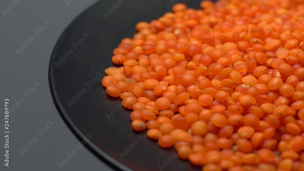Lentils. Heap of raw uncooked red lentils in bowl in rotation. Red Chief Lentils, petite crimson lentils - Close up. Food background. gray background, studio shot. Healthy organic food diet concept Lentils. Heap of raw uncooked red lentils in bowl in rotation. Red Chief Lentils, petite crimson lentils - Close up. Food background. gray background, studio shot. Healthy organic food diet concept