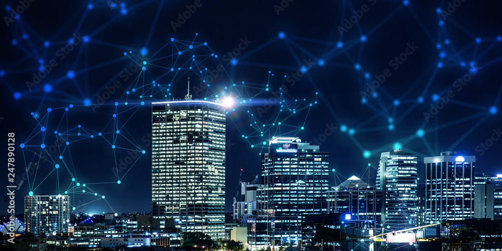 Naklejka premium Business district and wireless technologies
