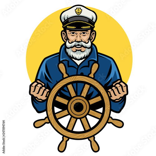 old sailor captain holding the ship wheel