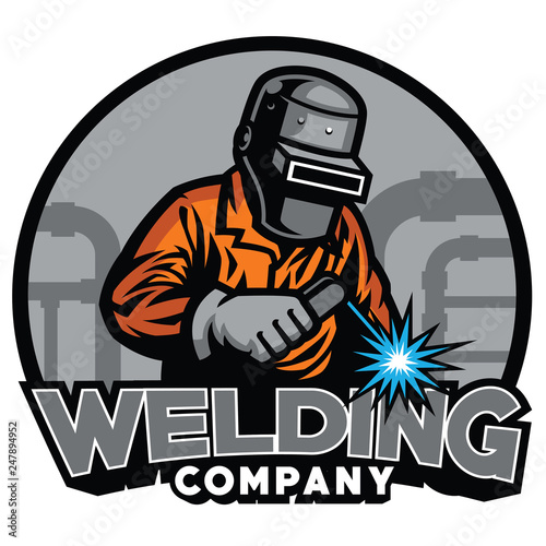 welder working with weld helmet in badge design style
