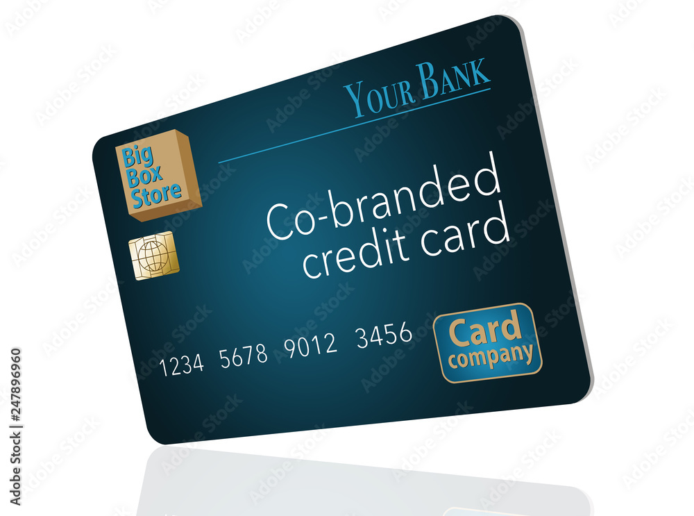 A Co-Branded credit card that is a mock card is shown here. A big box store, a bank and a credit card company teamed up to issue this mock card. A Co-Branded credit card that is a mock card is shown here. A big box store, a bank and a credit card company teamed up to issue this mock card.