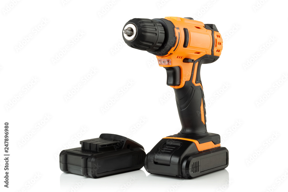 cordless drill, screwdriver and battery on white background