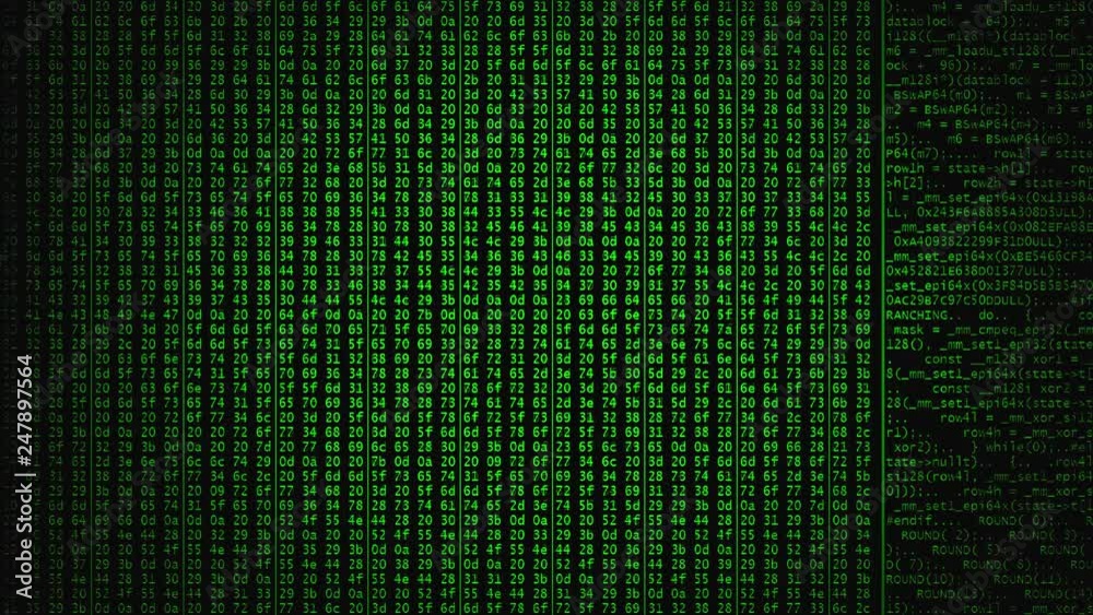 A computer screen with scrolling data (hex characters from public domain source code), vignetted, small size.