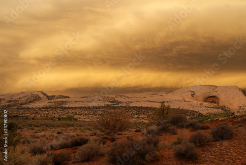 Comb ridge in The Bears ears wilderness area of Southern Utah is overtaken by a dramatic thunderstorm caused be the remains of a hurricane that hit Texas and then moved north.