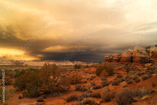 Comb ridge in The Bears ears wilderness area of Southern Utah is overtaken by a dramatic thunderstorm caused be the remains of a hurricane that hit Texas and then moved north.