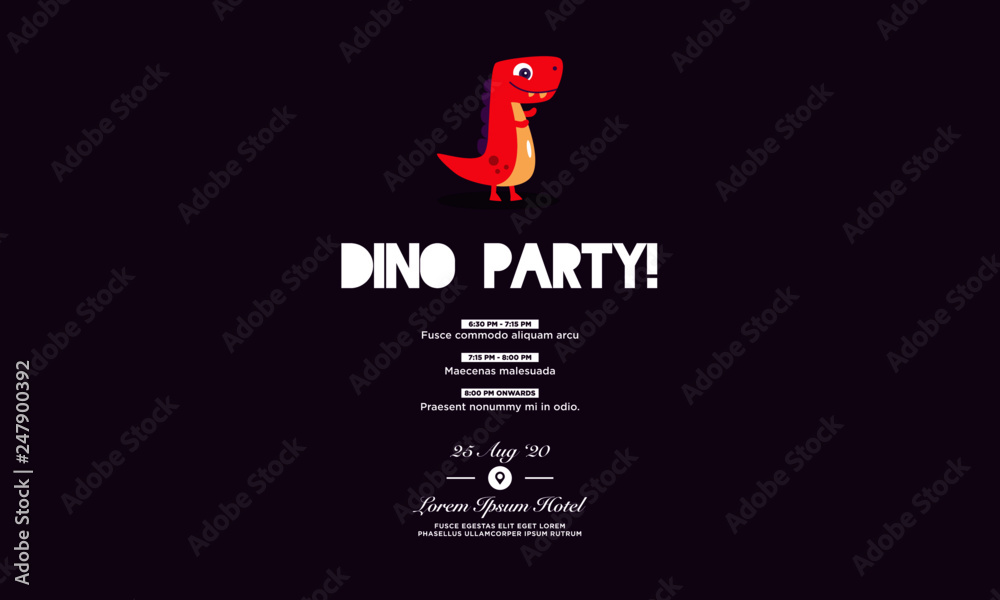 Fototapeta premium Cute Dinosaur Vector Cartoon Invitation Design with Where and When Details