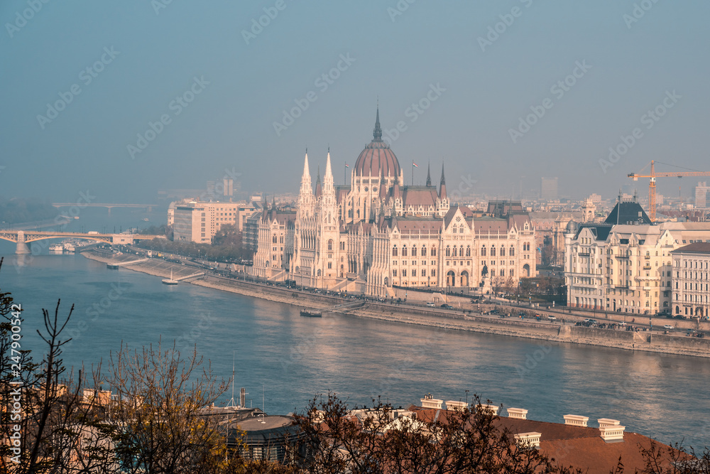 Fototapeta premium View of Hungarian parliament at Danube river in Budapest city, Hungary