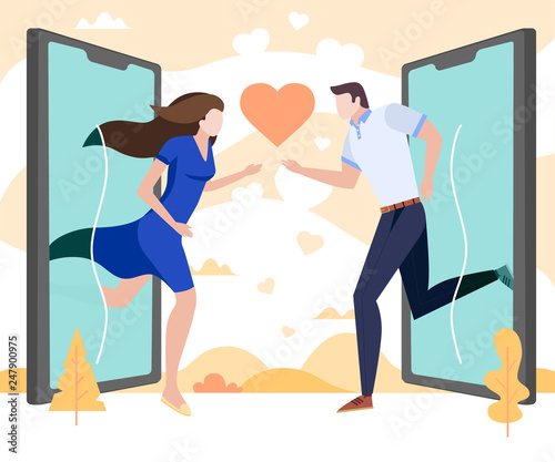 Concept Flat illustration.Couple in love run to each other outside of smartphone screen. Social mobile application for dating, searching for romantic partner.